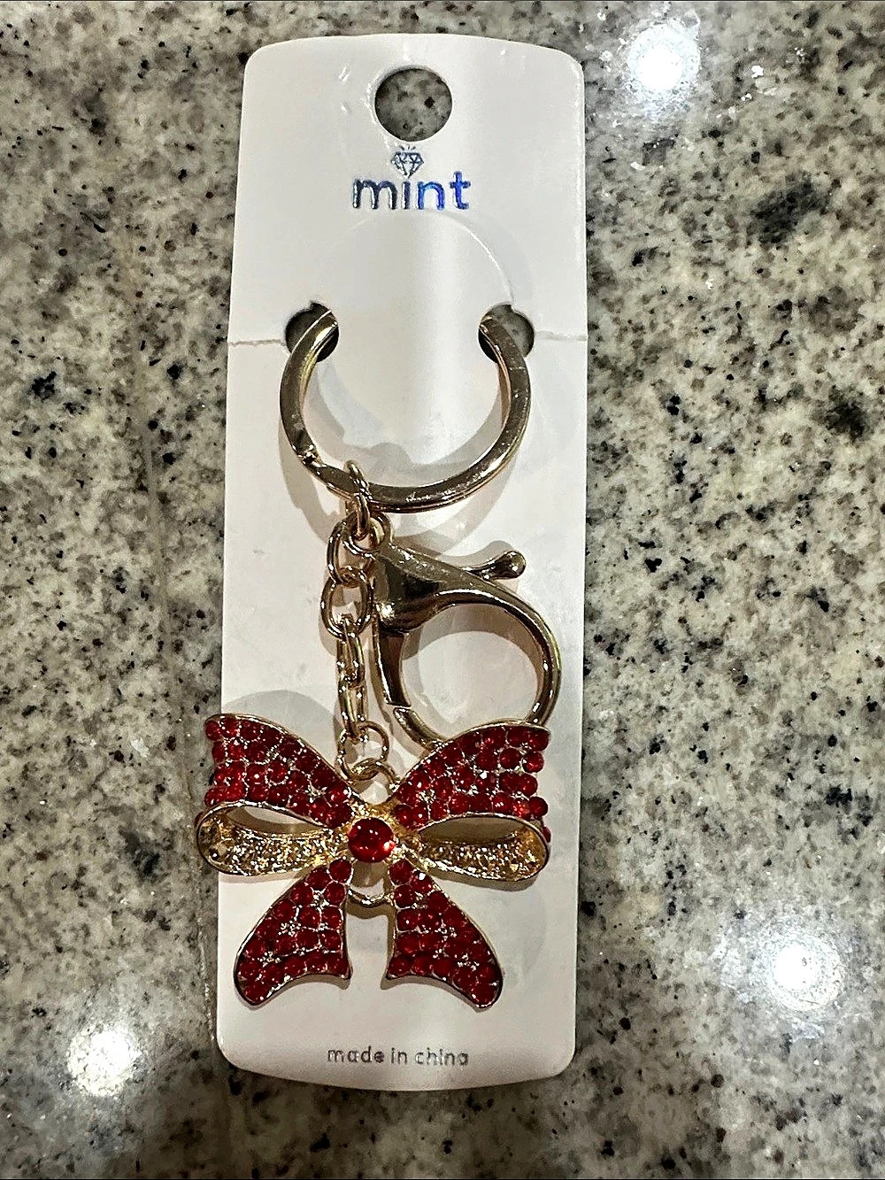 mint Crystal Bow Keychain in Red & Gold NWT